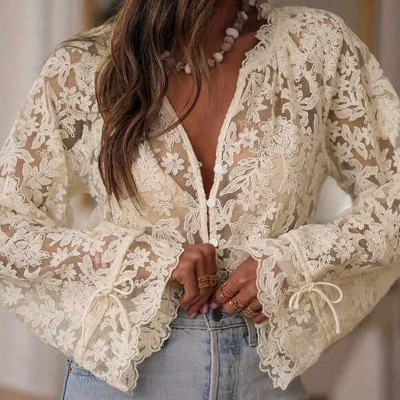 Apricot Casual Women's Elegant  Lace Sheer long sleeve Blouse - Picture 2 of 9